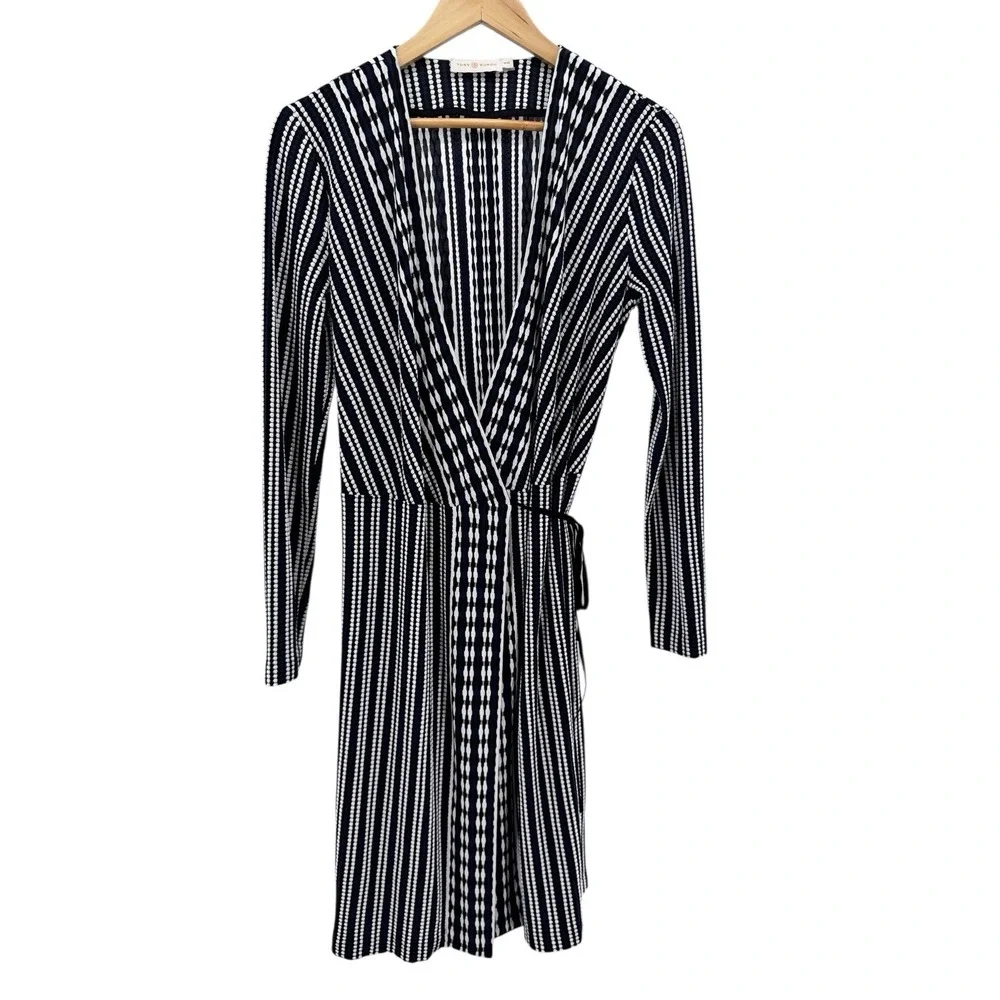 Tory Burch Dress Navy Oxford Stripe Jacquard Wrap Classic Workwear Luxury Size M